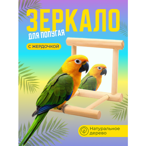Зеркало для попугая с жёрдочкой, деревянная игрушка для птиц