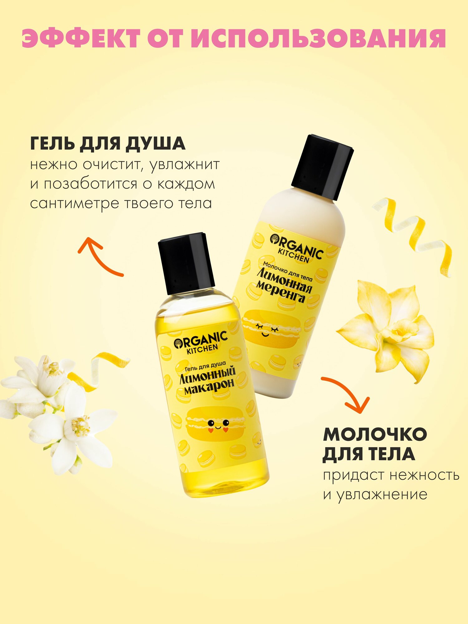 Косметические Наборы Organic Kitchen Lemony Macarony Подарочный набор косметики для женщин: гель для душа и увлажняющее молочко, женский уход для тела 2х170 мл