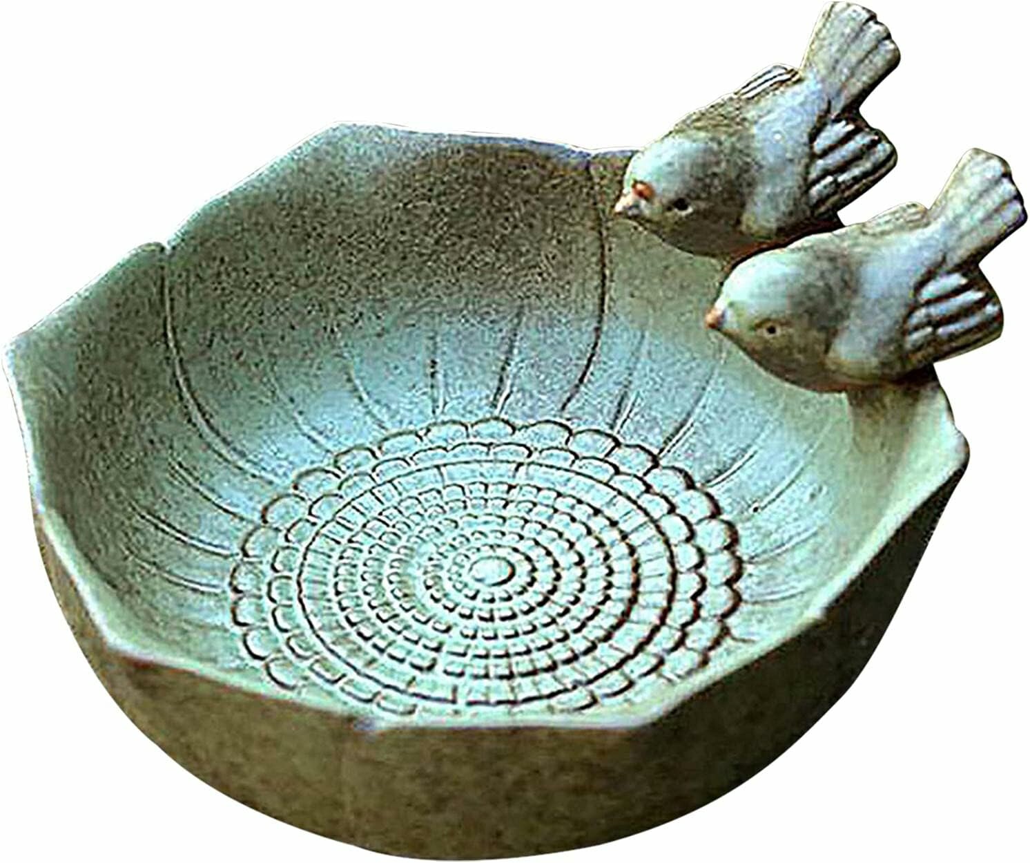 Круглые птичьи поилки с двумя декоративными керамическими птичками для диких птиц. Уличная птичья поилка. Кормушка для птиц. Уличная птичья поилка на подставке.