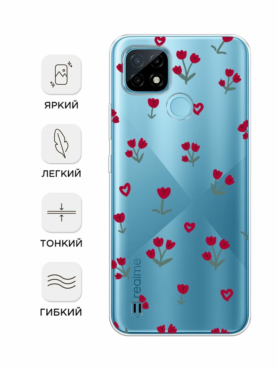 Чехол на Realme C21 / Реалми С21 с принтом "Красные тюльпанчики", прозрачный — фото 1