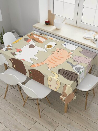 Изображение товара Прямоугольная тканевая скатерть на стол JoyArty с рисунком "Котовечеринка" 120 на 145 см