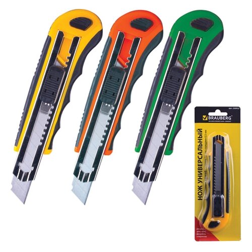 фото Нож канцелярский 18 мм brauberg "universal" с автозаменой лезвий, 6 лезвий в комплекте, автофиксатор, 230922