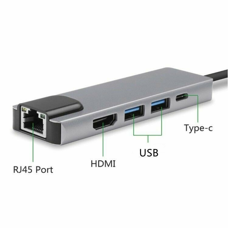 Хаб 5 в 1 Type-C/HUB 2хUSB 30+RJ45 переходник LAN+HDMI 4K+PD Зарядка до 100W для MacBook Pro/Air