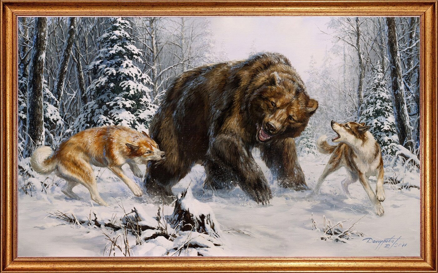 Картина на холсте, "Лайки и медведь", 100х60 см, художник - Данчурова Татьяна. Холст на деревянном подрамнике, оформлена в багет, Арт. ДТ-х3