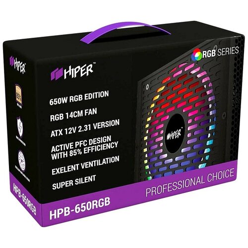 Hiper Блок питания HPB-650RGB ATX 2.31, 650W, ActivePFC, RGB 140mm fan, Black BOX