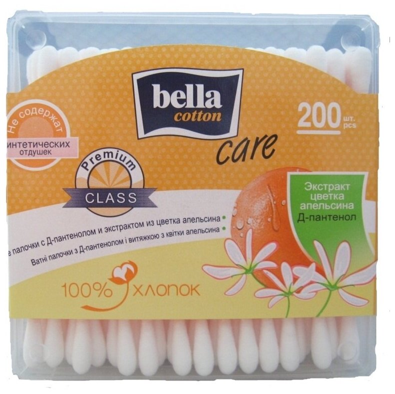 Ватные палочки Bella Cotton Care с Д-пантенолом и экстрактом из цветка апельсина, контейнер, 200 шт/уп.