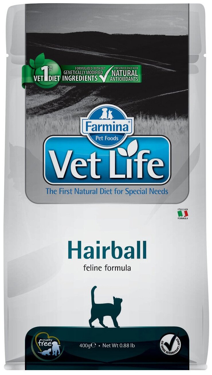 Сухой диетический корм, выведение шерсти, для кошек Farmina Vet Life Feline Hairball, 0,4 кг - фотография № 1