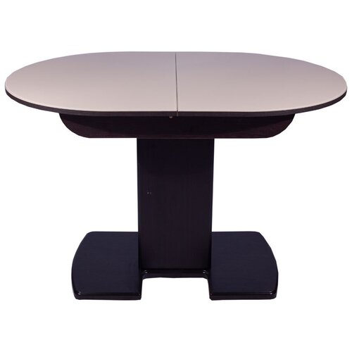 фото Обеденный стол, столбери, вегас о2, стекло бежевое глянцевое, цвет венге, овальный, раскладной, на одной ноге