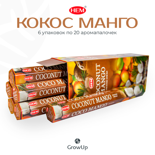 Палочки ароматические благовония HEM ХЕМ Coconut Mango Кокос Манго, 6 упаковок, 120 шт палочки ароматические благовония hem хем манго дыня mango melon 6 упаковок 120 шт