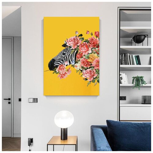 Современная картина для интерьера в гостиную/зал/спальню "Цветочная зебра", хлопковый холст на подрамнике, 40х60 см