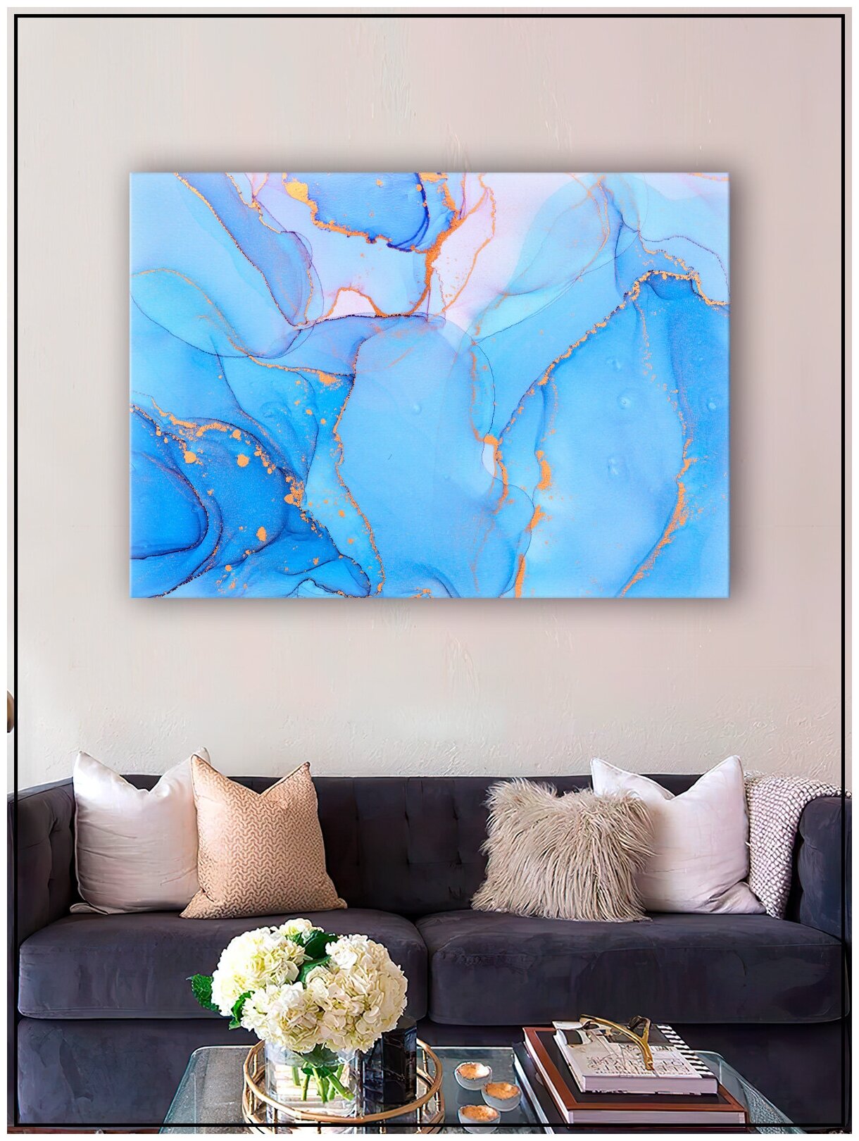 Картина для интерьера на натуральном хлопковом холсте "Абстракция голубой мрамор", 30*40см, холст на подрамнике, картина в подарок