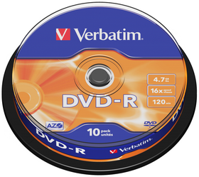 Диск DVD-R Verbatim 4.7Gb 16x AZO 10 шт. cake box