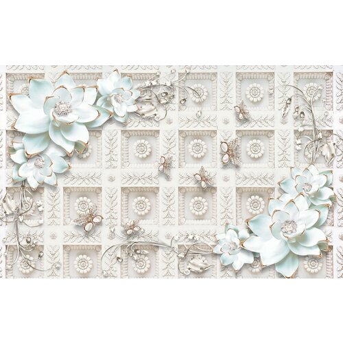 Моющиеся виниловые фотообои GrandPiK Белые цветы на лепном декоре 3D, 450х280 см