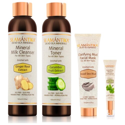 фото Seamantika набор: молочко очищающее для лица ginger root extract с экстрактом корня имбиря и минералами мертвого моря (для всех типов кожи) 150 мл, тоник очищающий для лица cucumber fruit extract с огуречным экстрактом и минералами мертвого моря (для всех типов кожи) 150 мл, маска осветляющая для лица с грязью мертвого моря dead sea mud (для всех типов кожи) 100 мл, сыворотка разглаживающая минеральная для лица с экстрактом листьев гинкго биолоба ginkgo biloba (для жирной и комбинированной кожи) 40мл, израиль