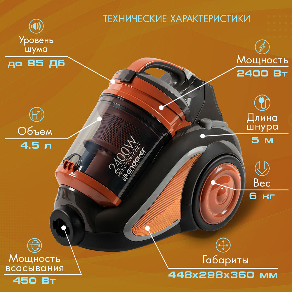 Пылесос для дома Endever VC-650 / 2400 Вт / мощность всасывания 450 Вт / шнур 5м