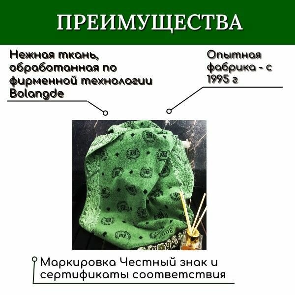 Полотенце для рук и лица 1 шт, полотенце для ванной махровое, велюровое BOLANGDE, 100% хлопок, Япония Лого 34х78, зеленый