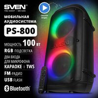 Портативная беспроводная Bluetooth колонка SVEN PS-800, 100 Ватт, TWS, FM-радио, USB, microSD, LED-дисплей, 2х4400мА*ч