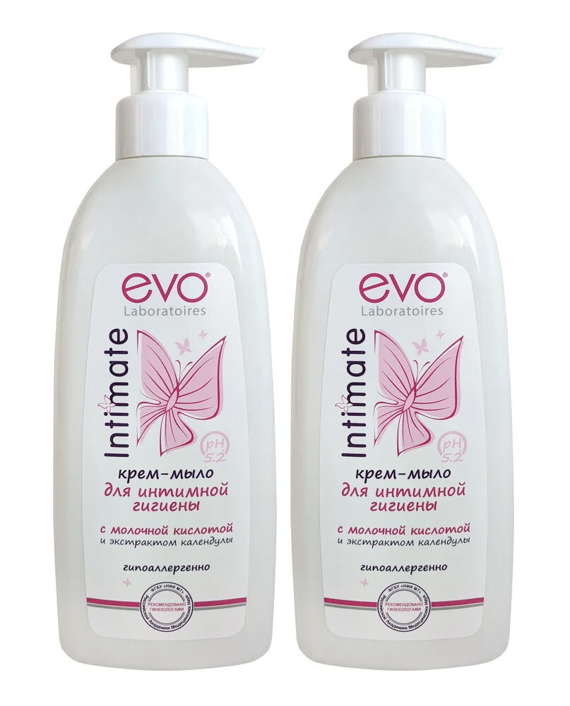 EVO Intimate Крем-мыло для интимной гигиены с молочной кислотой рН 5,2, 400 мл х 2 шт (800 мл), бутылка с дозатором