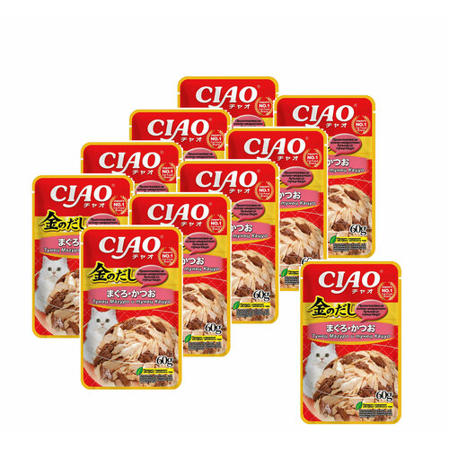Влажный корм CIAO Kinnodashi для кошек Тунец Магуро и тунец Кацуо, пауч 60г х 10 шт.