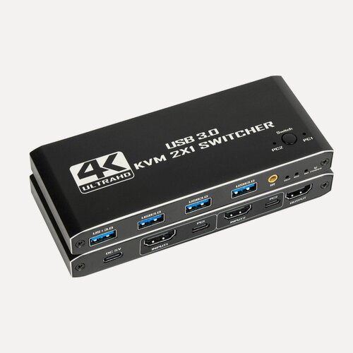 Изображение товара Коммутатор, свитчер, переключатель KVM HDMI 4K60Hz USB 2 на 1 с 4 дополнительными выходами USB 3.0 и выносной кнопкой с пультом