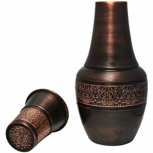 Медный (цельномедный) кувшин - графин со стаканом - крышкой для настаивания медной воды Винтаж с резным узором 1400 мл