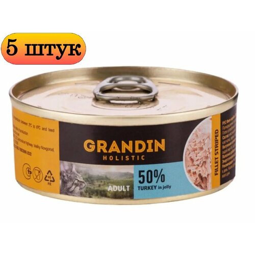 5 шт. Grandin Holistic Влажный корм (консервы) для взрослых кошек, индейка в желе, 100 гр.
