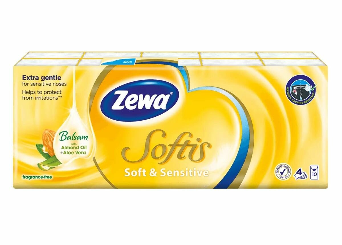Носовые платки Zewa Softis Soft  Sensitive миндальное масло и алоэ вера 4 слоя 10 пачек по 9 шт