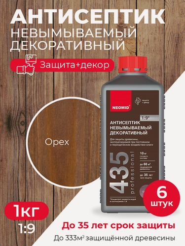 Изображение товара Антисептик-консервант Neomid 435 финишный невымываемый концентрат, цвет орех, комплект 6 штук по 1 кг