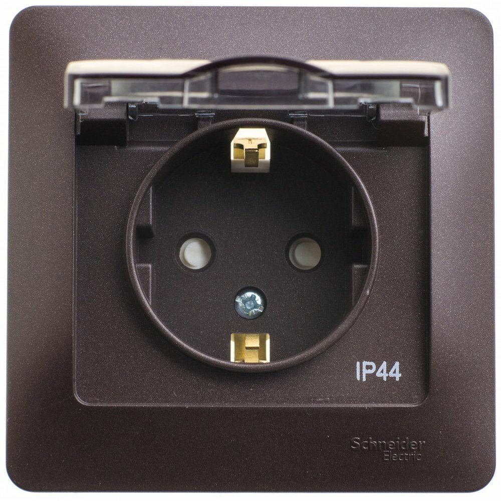 Розетка с заземлением со шторками с крышкой 16А IP44 в сборе Systeme Electric (Schneider Electric) Glossa, шоколад GSL000848