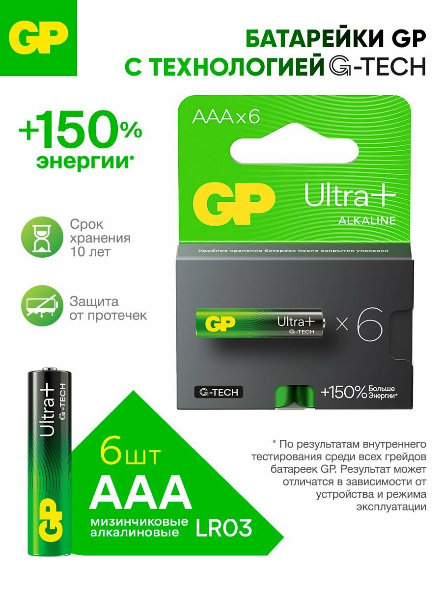 GP Батарейки ААА мизинчиковые алкалиновые, GP 24AUPA, набор 6 шт.
