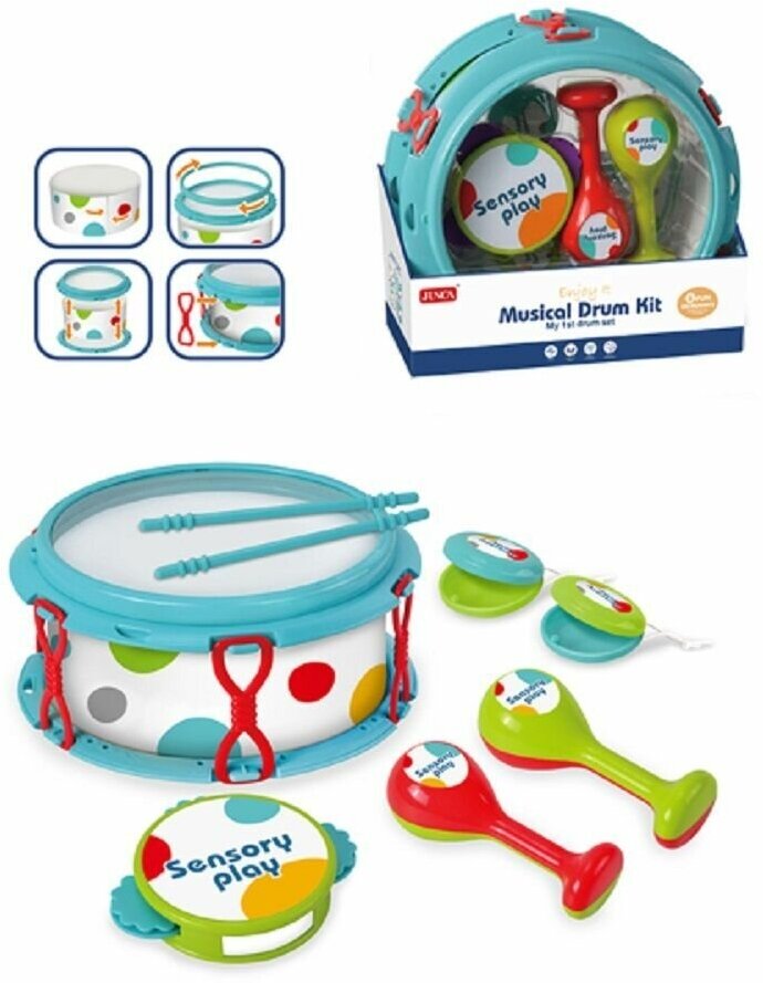 Детский игрушечный набор музыкальных инструментов перкуссия: барабан с 2 палочками, маракасы музыкальные - 2 шт, бубен, кастаньеты для малышей, RJ6803
