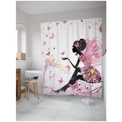 фото Штора (занавеска) для ванной joyarty "фея в цветочном платье" из ткани, 180х200 см с крючками