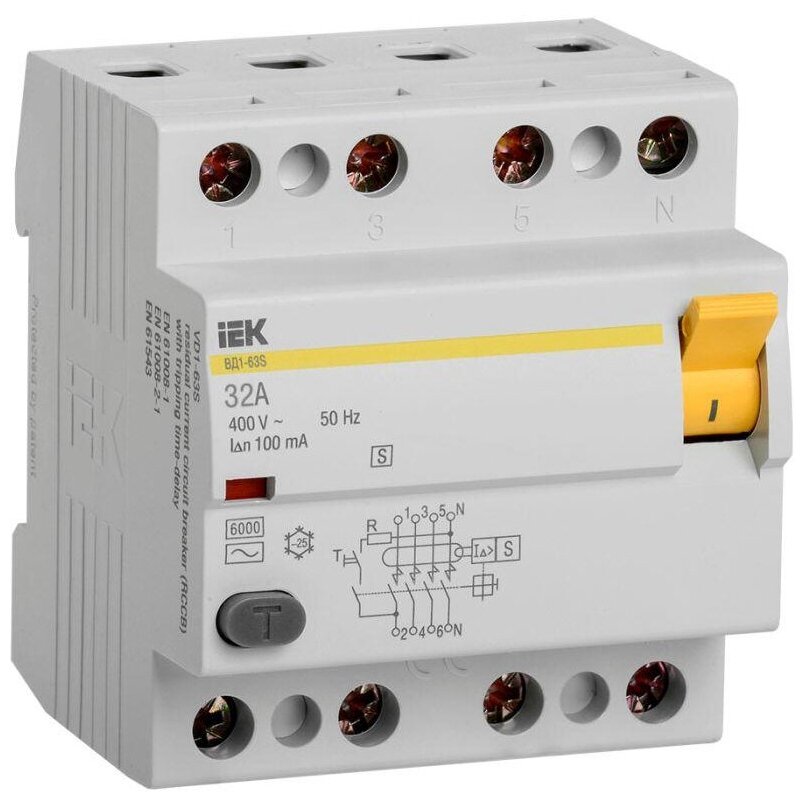 Выключатель дифференциального тока (УЗО) 4п 32А 100мА тип AC ВД1-63S, IEK MDV12-4-032-100 (1 шт.)