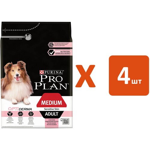 PRO PLAN ADULT DOG MEDIUM SENSITIVE SKIN для взрослых собак средних пород с чувствительной кожей с лососем и рисом (3 кг х 4 шт) pro plan adult dog optiderma small