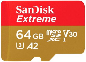 Карта памяти SanDisk Extreme microSDXC Class 10 UHS Class 3 V30 A2 160MB/s + SD adapter 64 GB, чтение: 160 MB/s, запись: 60 MB/s, адаптер на SD