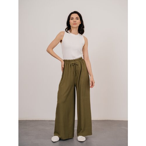 фото Брюки палаццо модный дом виктории тишиной летние, свободный силуэт, повседневный стиль, пояс на резинке, размер m(46-48), хаки