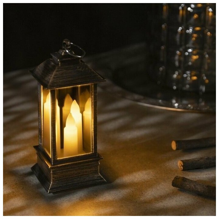 Светодиодная фигура 'Бронзовый фонарь со свечками' 5.5 х 13 х 5.5 см, пластик, батарейки AG13х3, свечение теплое белое