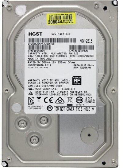 Жесткий диск HGST SATA-III 4Tb HUS726040ALE614 ULTRASTAR 7K6000 (7200rpm) 128Mb 3.5"