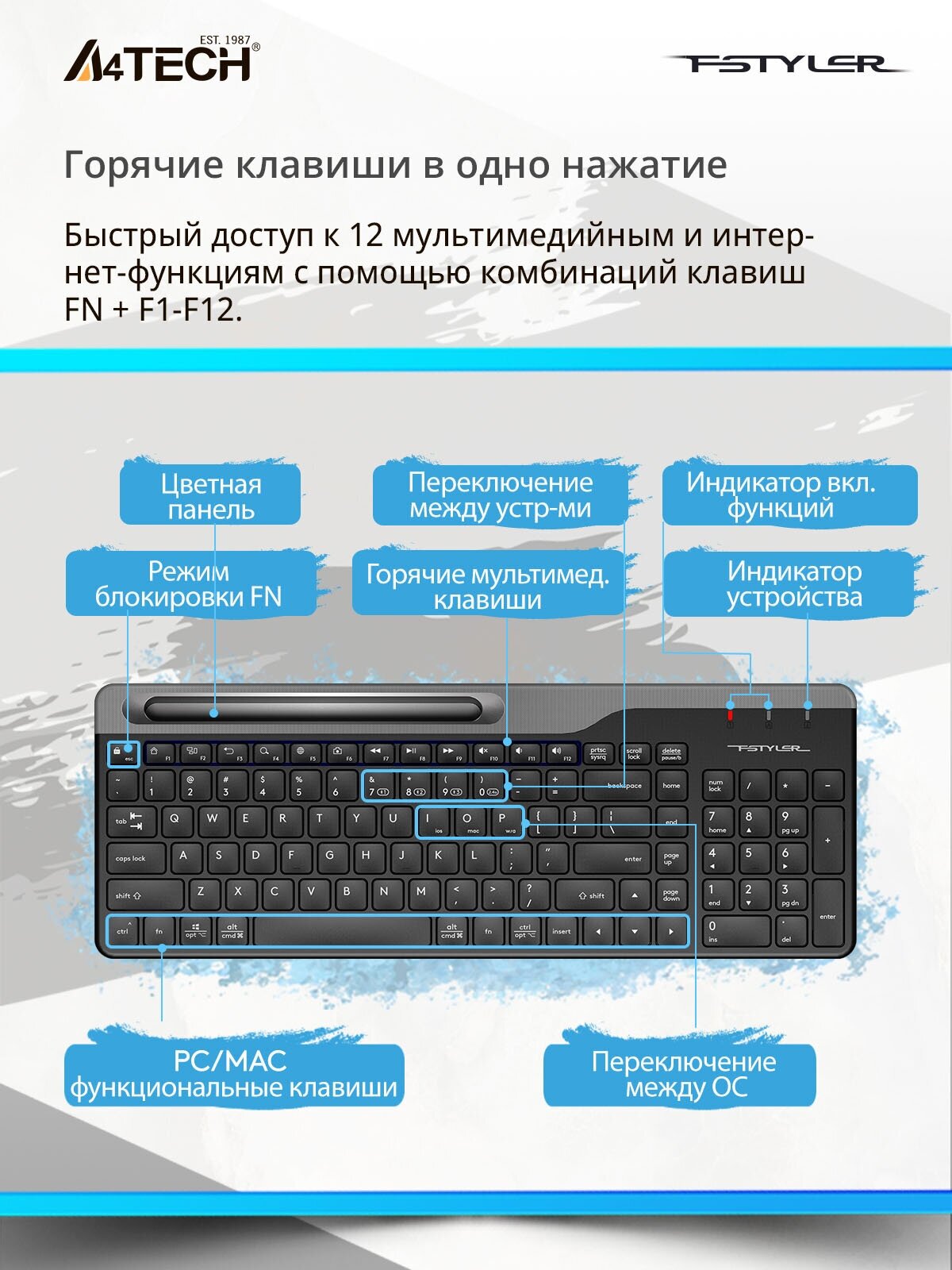 Клавиатура A4TECH Fstyler FBK25, USB, Bluetooth/Радиоканал, черный серый [fbk25 black] - фото №3