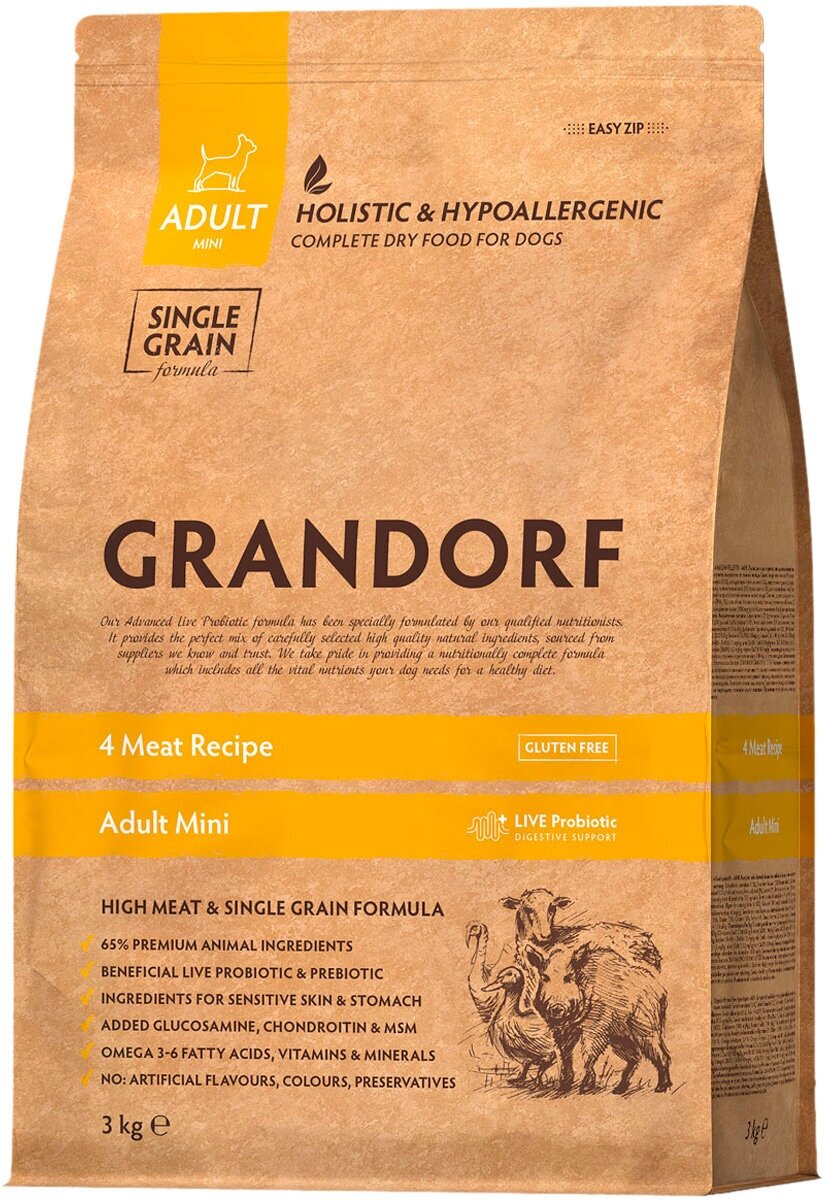 GRANDORF SINGLE GRAIN DOG ADULT MINI 4 MEAT RECIPE низкозерновой для взрослых собак маленьких пород 4 вида мяса с ягненком, индейкой, уткой и кабаном (3 кг)