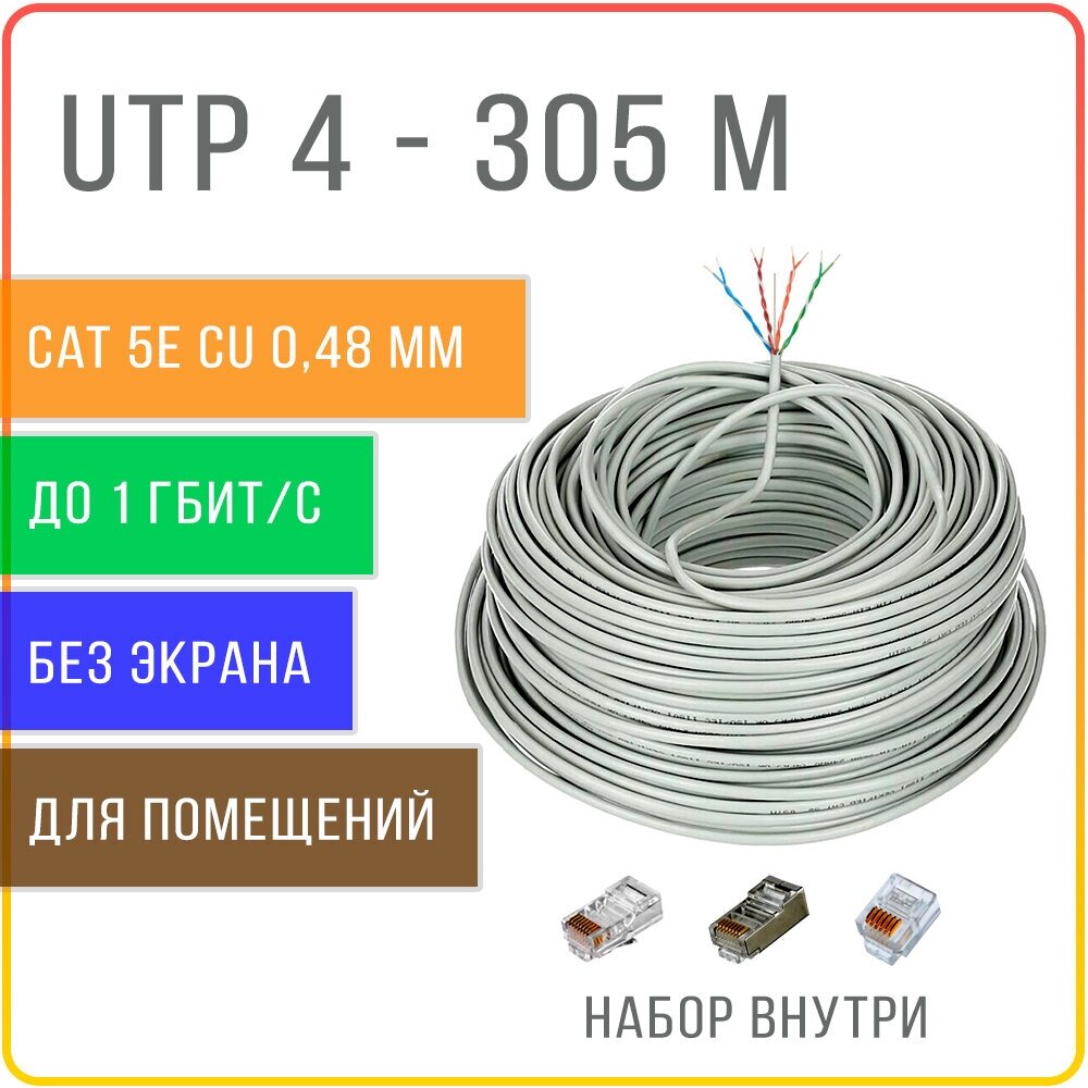 UTP 4 пары Cat 5E кабель витая пара для интернета , внутренний , чистая медь , жила 0,48 мм , 305 метров