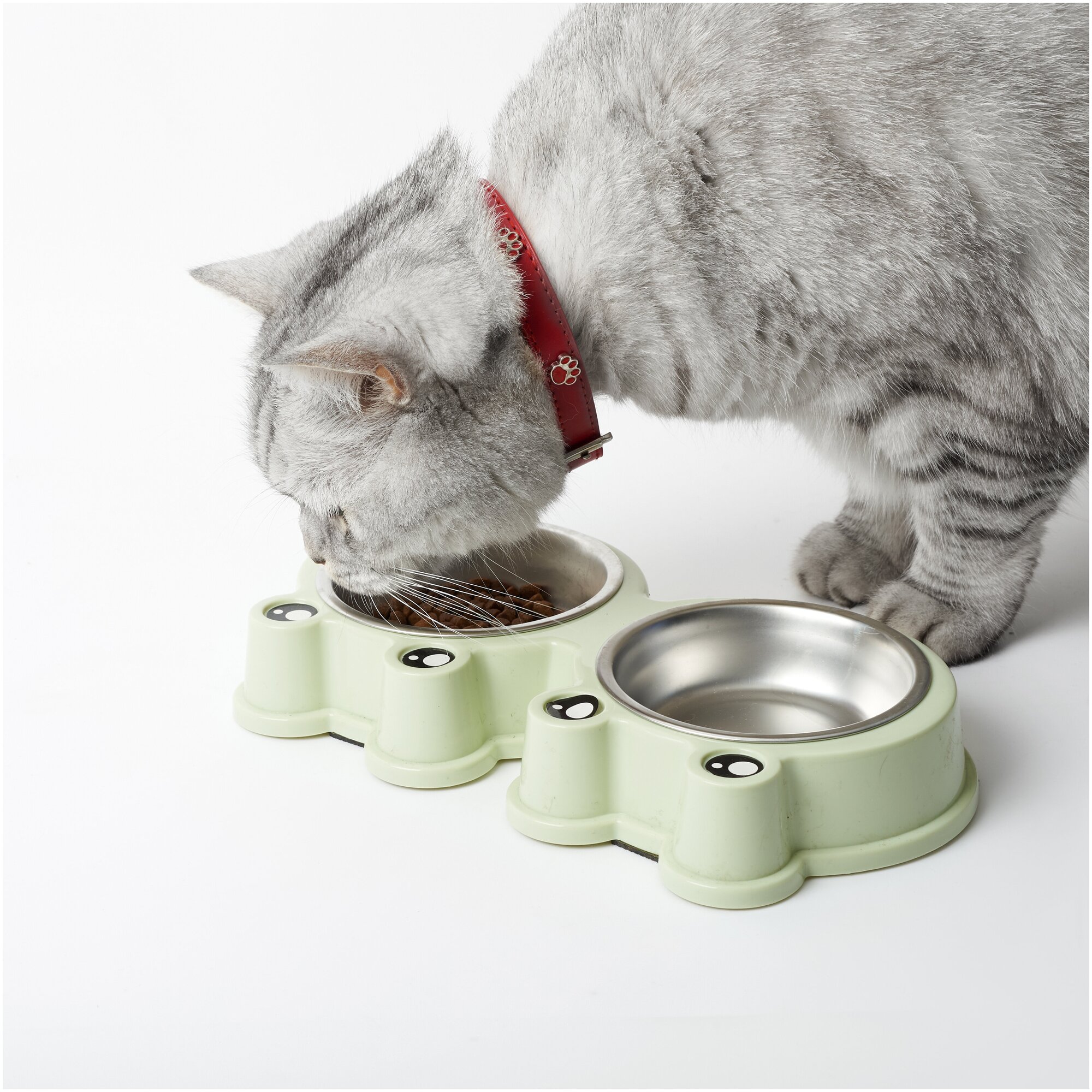 Миска для животных для кошек и собак двойная на подставке "Лягушата", цвет: зеленый