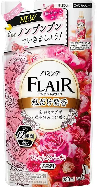 Kao Flair Fragrance Floral & Sweet Кондиционер для белья с антибактериальным эффектом со сладким цветочным ароматом 380 мл запасной блок