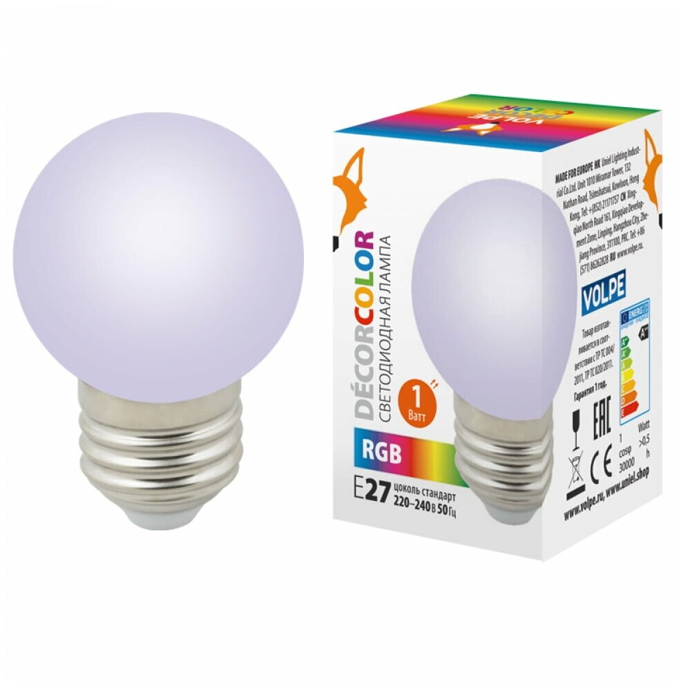 Лампа декоративная светодиодная (UL-00005808) Volpe LED-G45-1W/RGB/E27/FR/С - фотография № 3