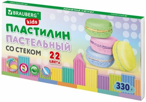 Пластилин классический пастельные цвета BRAUBERG KIDS, 22 цвета, 330 г, стек