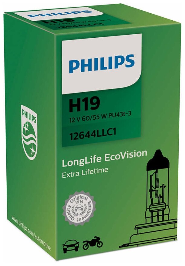 Лампа H19 12v 60/55w Pu43t-3 C1 Philips арт. 12644LLC1