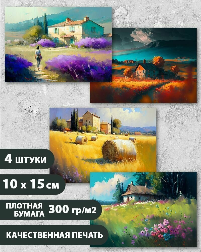 Набор открыток "Пейзаж с домиком", 10.5 см х 15 см, 4 шт, InspirationTime, на подарок и в коллекцию