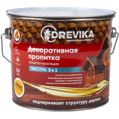 Декоративная пропитка для дерева Drevika Экстра 3 в 1, полуматовая, 3 л, сосна