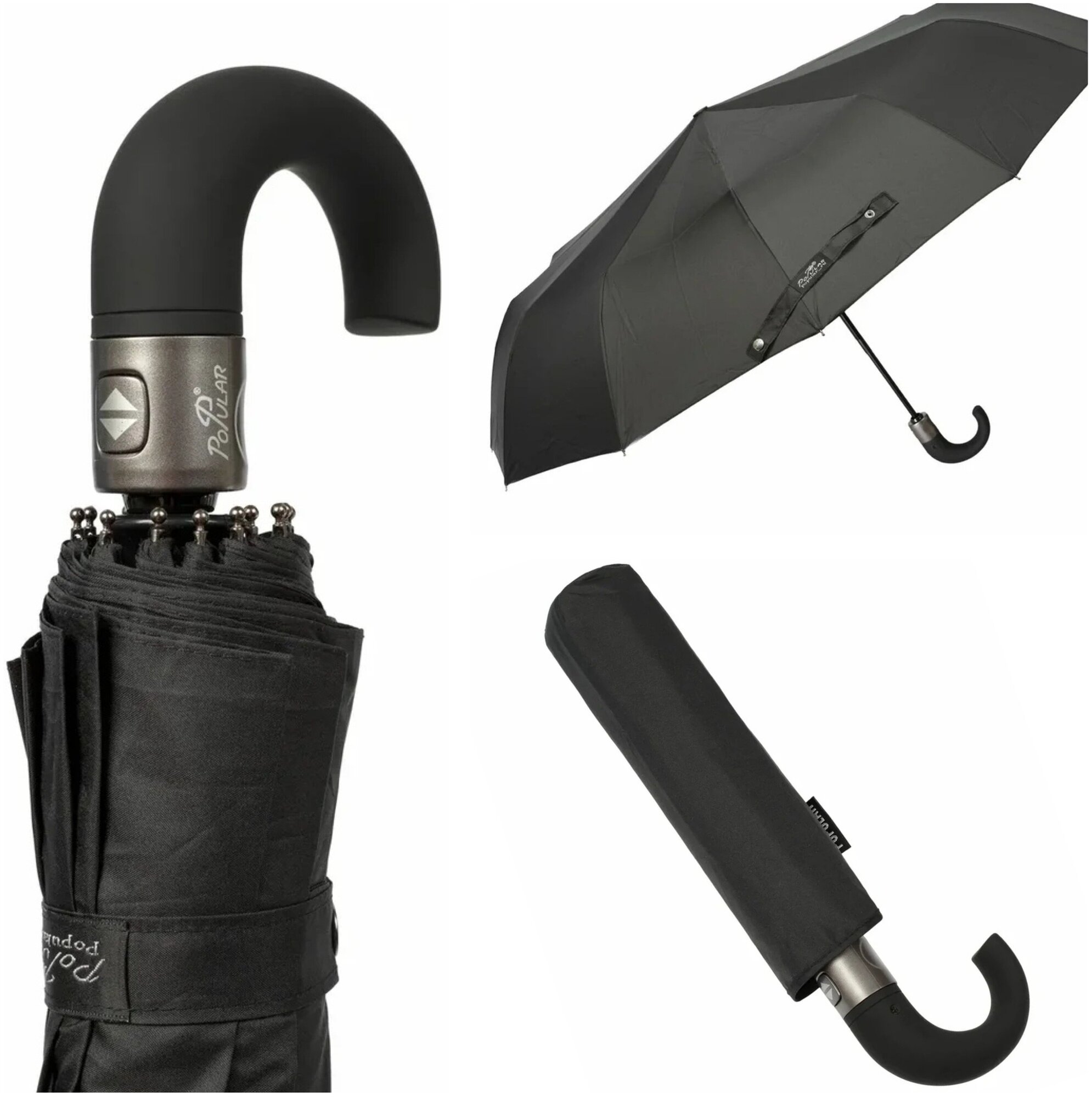 Черный мужской зонт автомат с большим куполом 100 см и 12 спицами, стильный и надежный