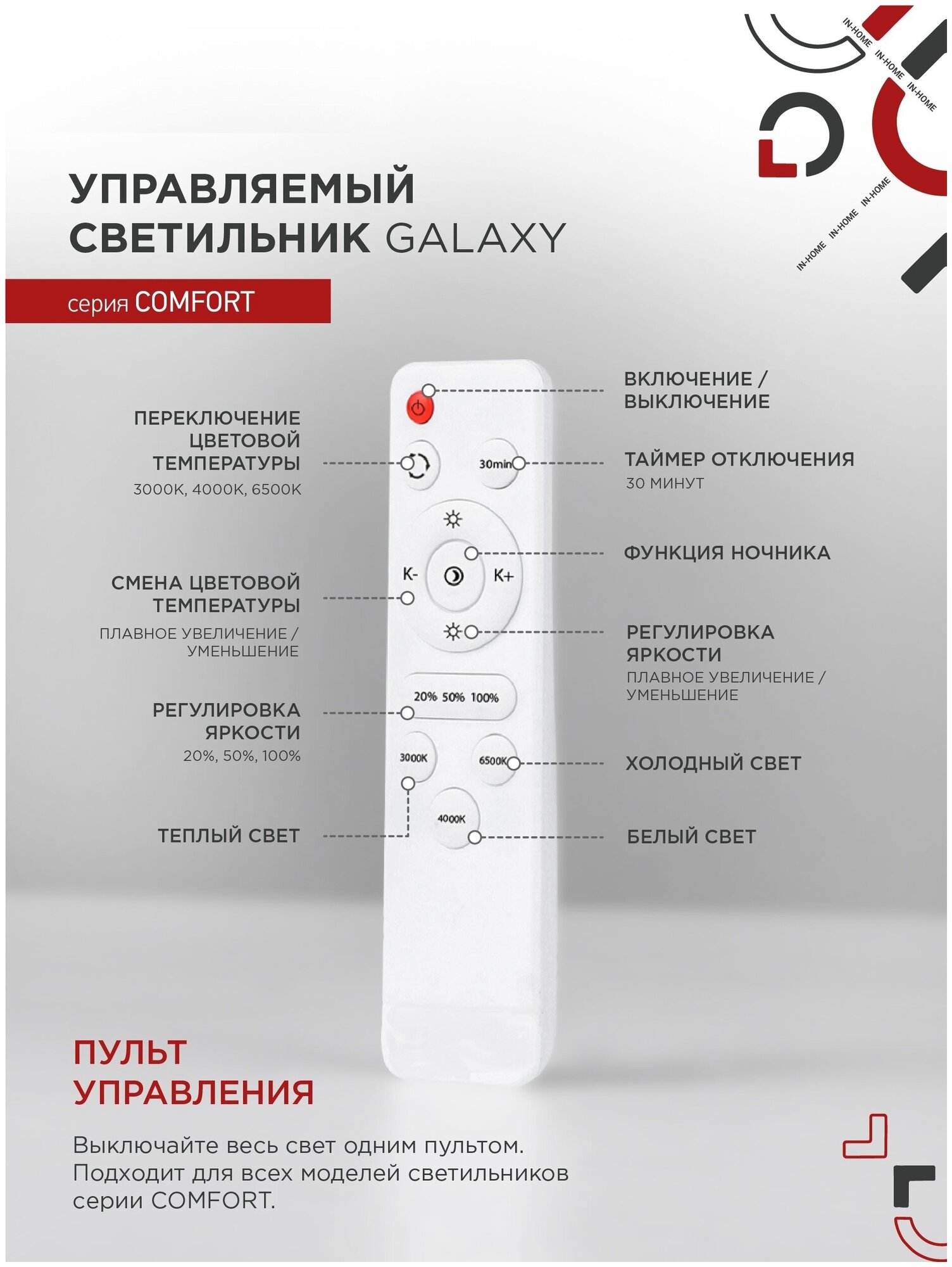 Настенно-потолочный светильник IN Home COMFORT GALAXY 55Вт 230В 3000-6500К 4400лм 450х85мм с пультом ДУ 4690612035062